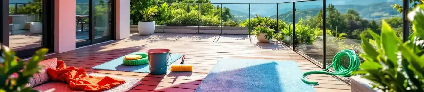 Reinigungsmaterialien wie Eimer, Bürste und Gartenschlauch liegen auf einer sonnigen Holzterrasse, bereit für die Markisenpflege.